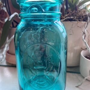 Aqua Blue Vintage Ball Embossed Glass Jar